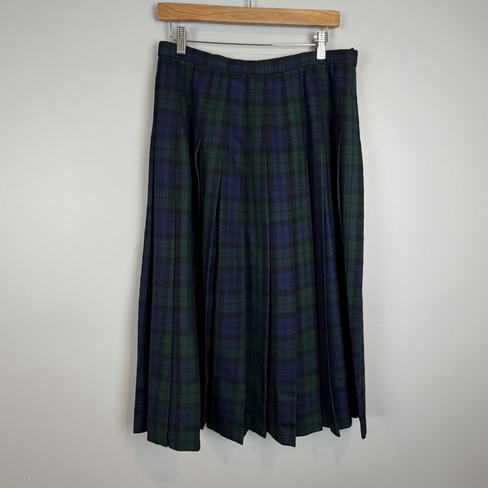 Vintage Women's Pendleton Wool Green Blue Tartan Plaid Pleated Skirt Size 14
